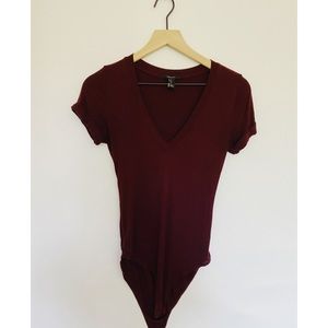 F21 Maroon Cuffed Sleeve V-Neck Bodysuit